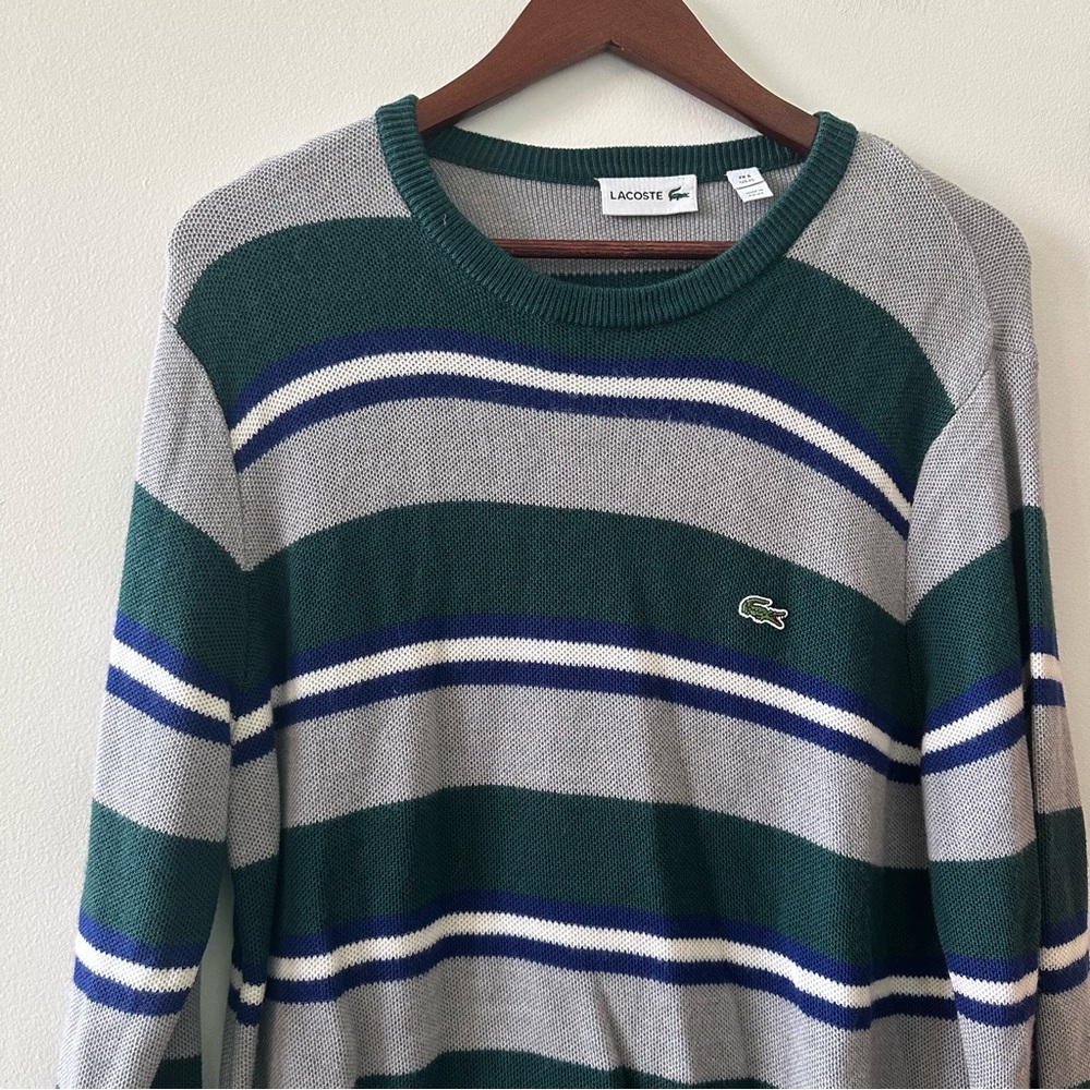 Lacoste Men's Green, Blue, Grey Striped 100% Wool Crewneck Sweater